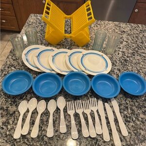 Fisher price vintage Yellow Dish Drying Rack with Blue and White Dinnerware Set